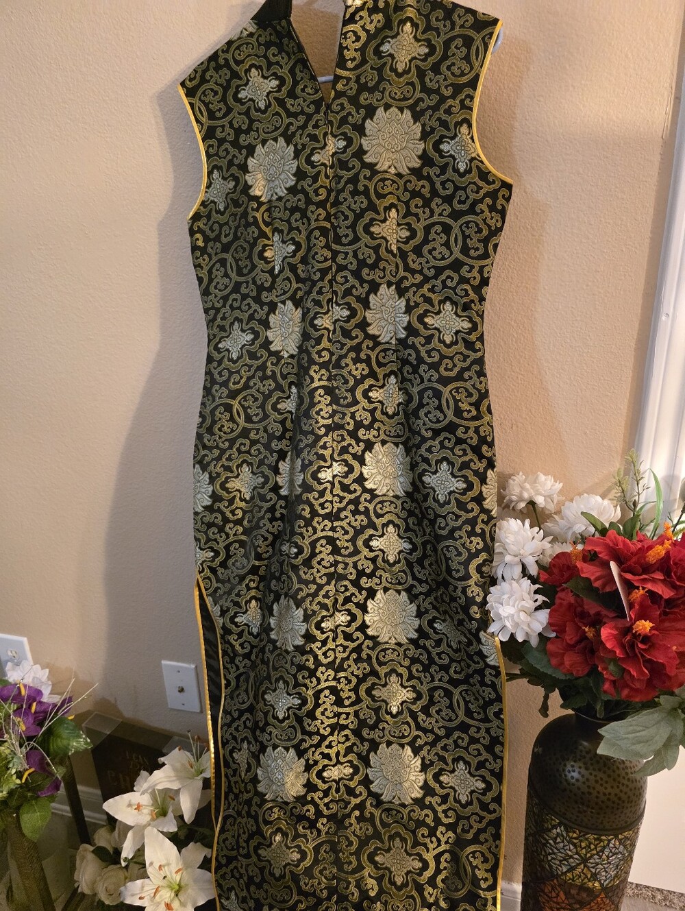 Black and Gold Brocade Maxi Dress with Mandarin Collar